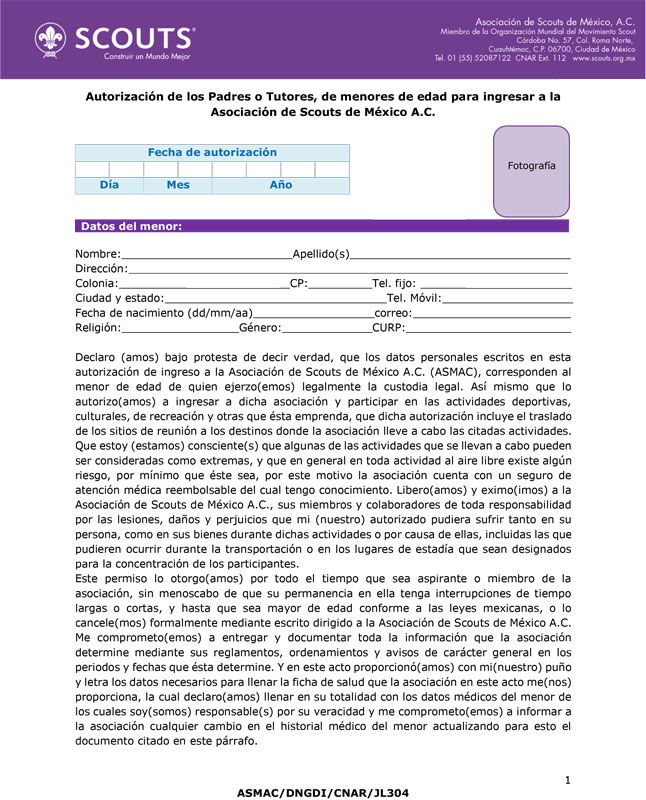 Autorización de los Padres o Tutores, de menores de edad para ingresar a la ASMAC