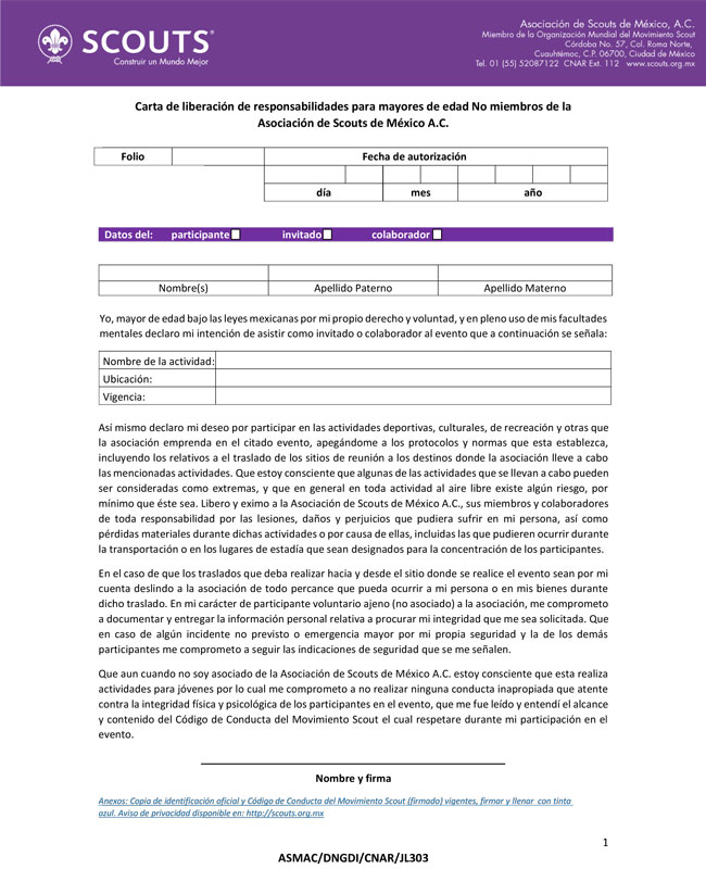 Carta de liberación de responsabilidades para mayores de edad no miembros de la Asociación