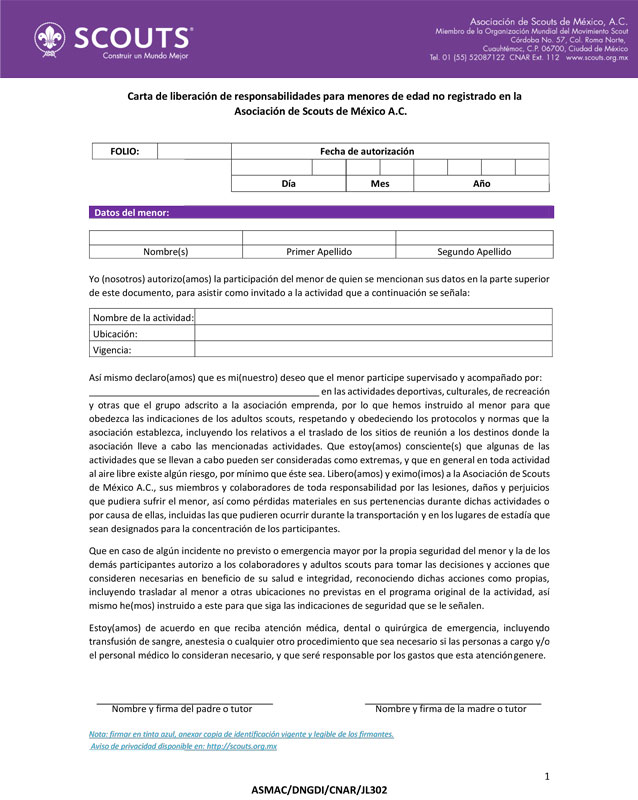 Carta de liberación de responsabilidades para menores de edad sin registro en la Asociación